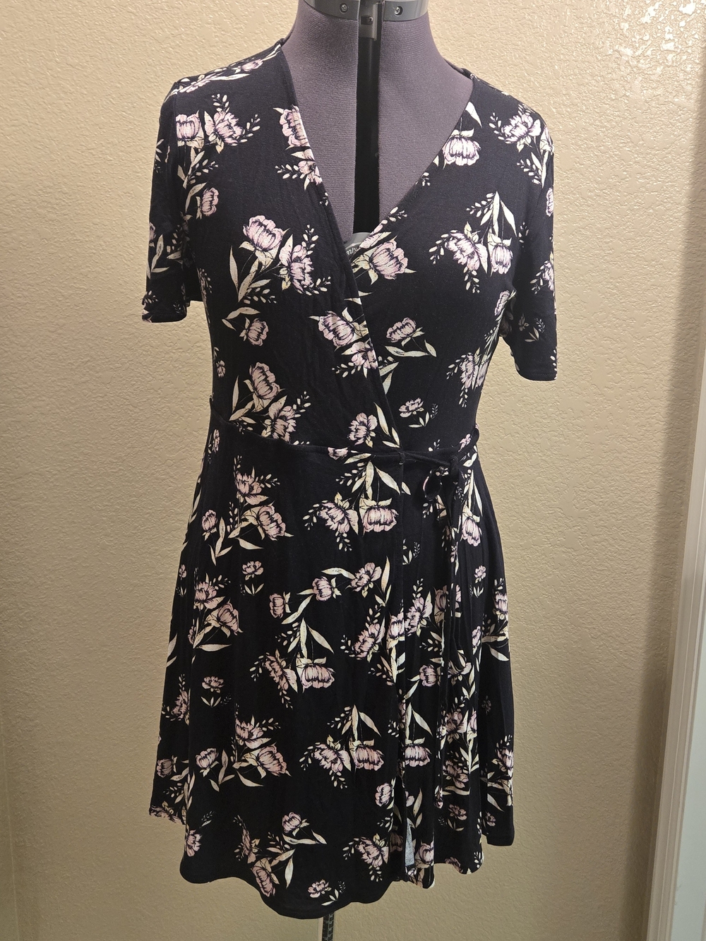 Macy's Black Floral Wrap Mini Dress with Pink and Cream Blooms